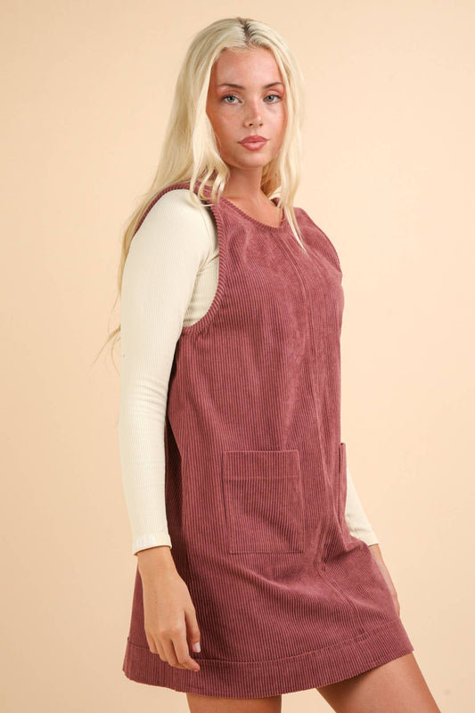 ND31402-Corduroy Backless Casual Mini Dress: MAUVE / S-M-L/2-2-2