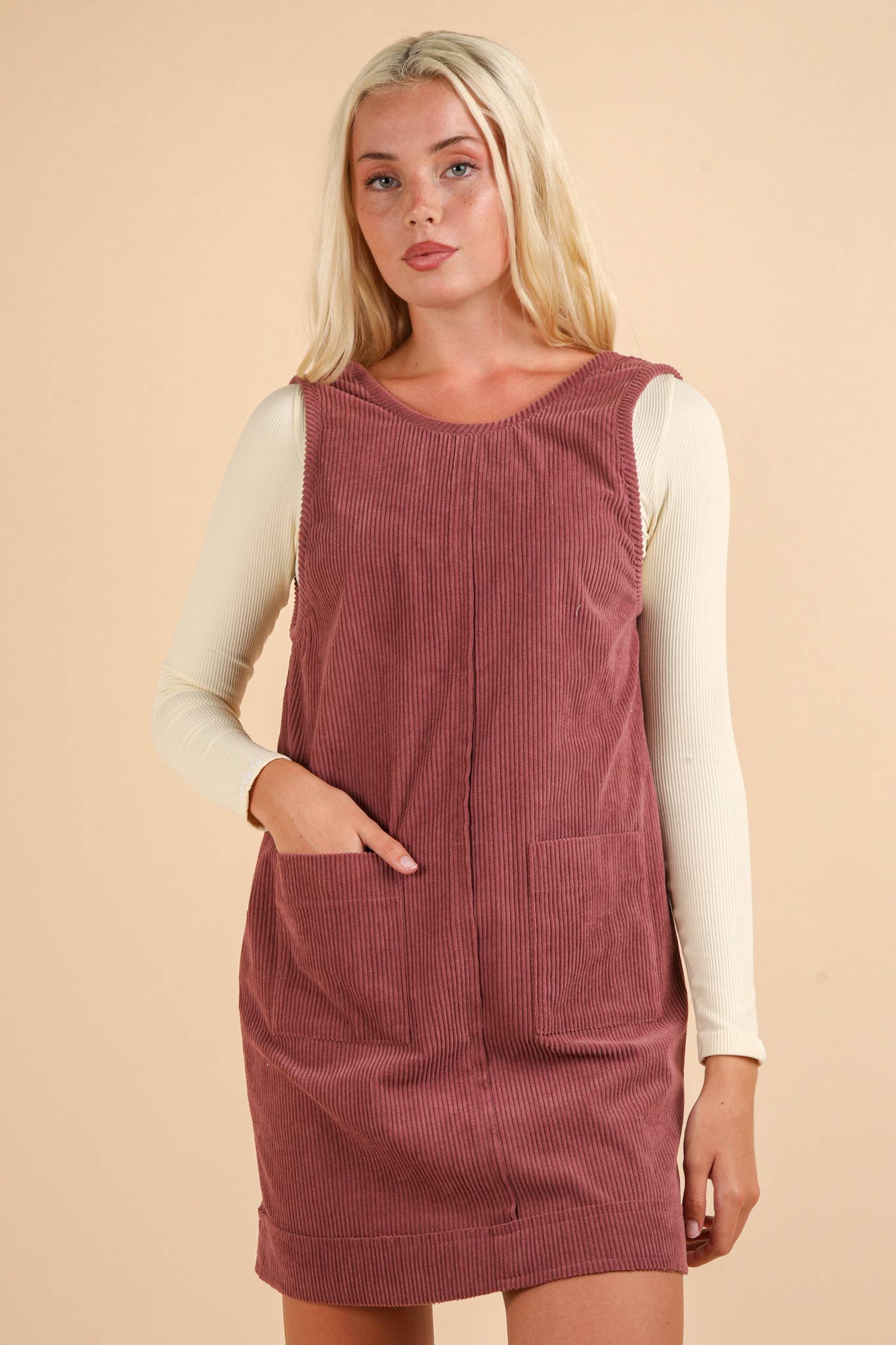 ND31402-Corduroy Backless Casual Mini Dress: MAUVE / S-M-L/2-2-2