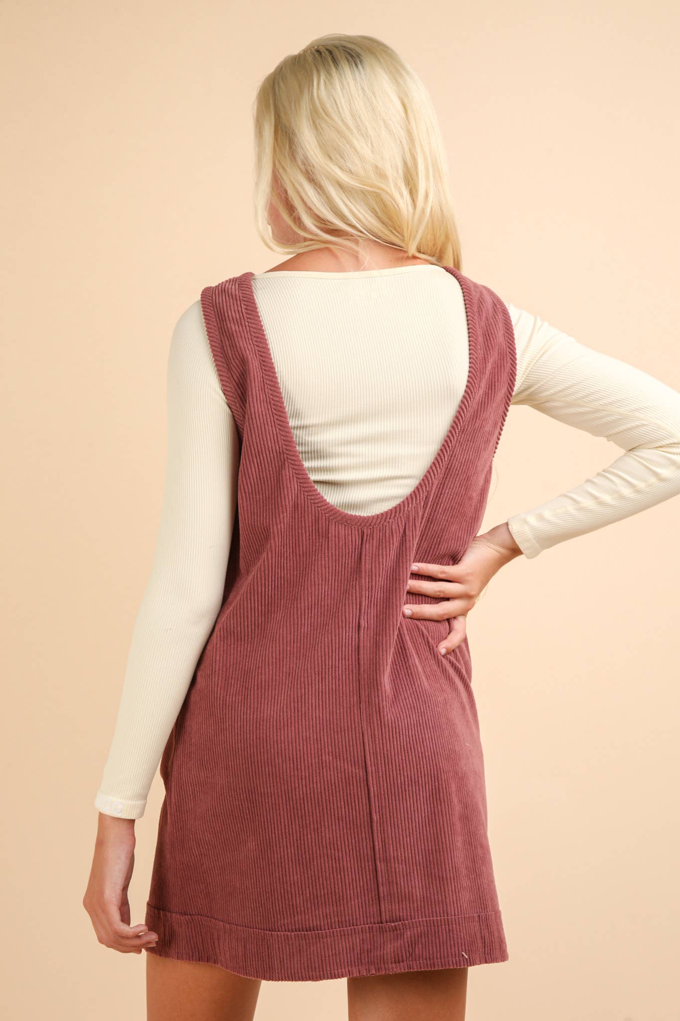 ND31402-Corduroy Backless Casual Mini Dress: MAUVE / S-M-L/2-2-2