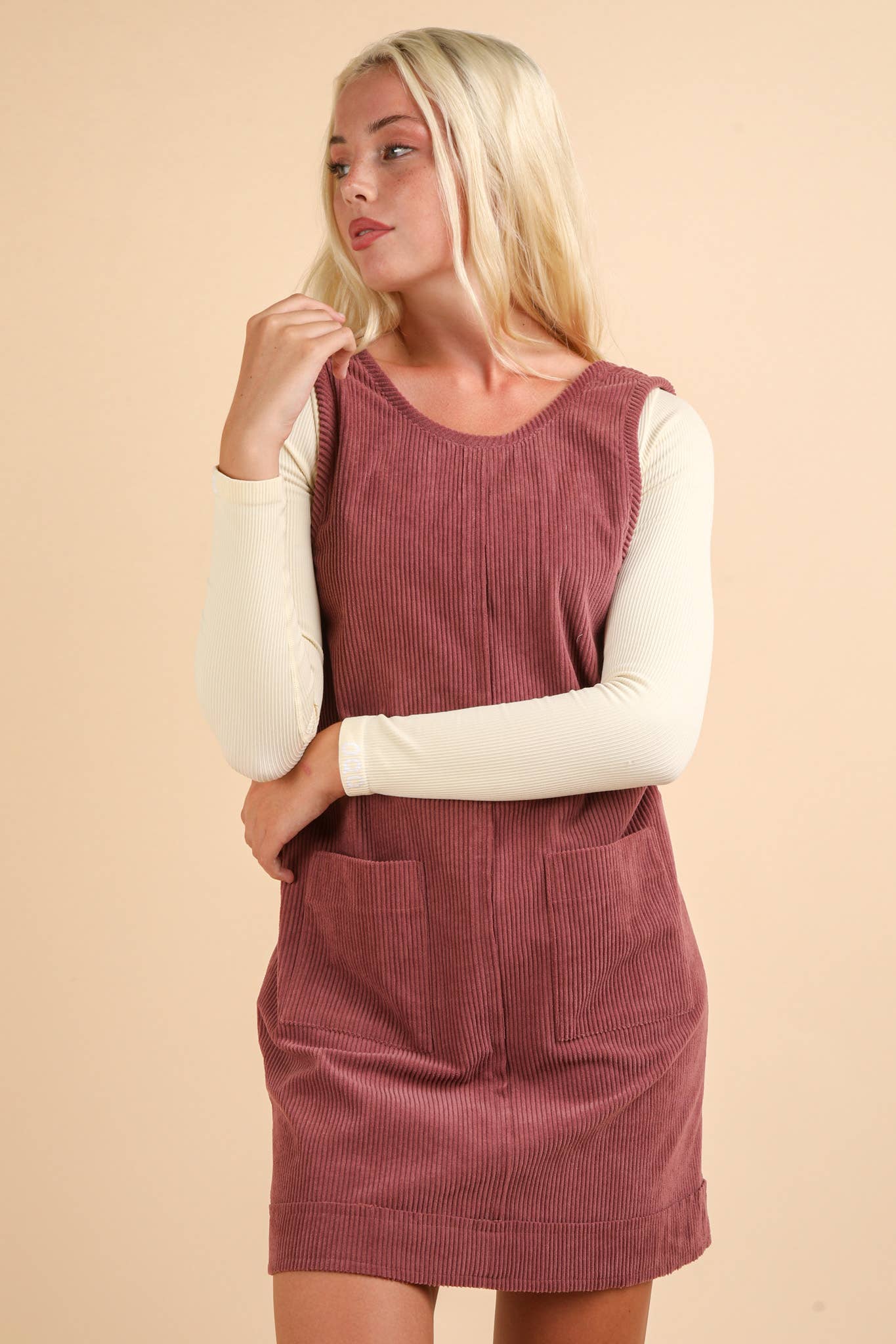 ND31402-Corduroy Backless Casual Mini Dress: MAUVE / S-M-L/2-2-2
