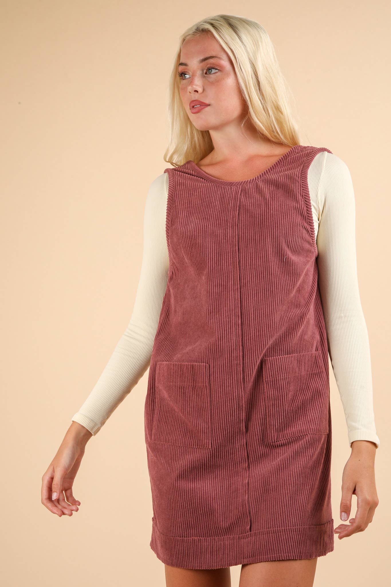 ND31402-Corduroy Backless Casual Mini Dress: MAUVE / S-M-L/2-2-2