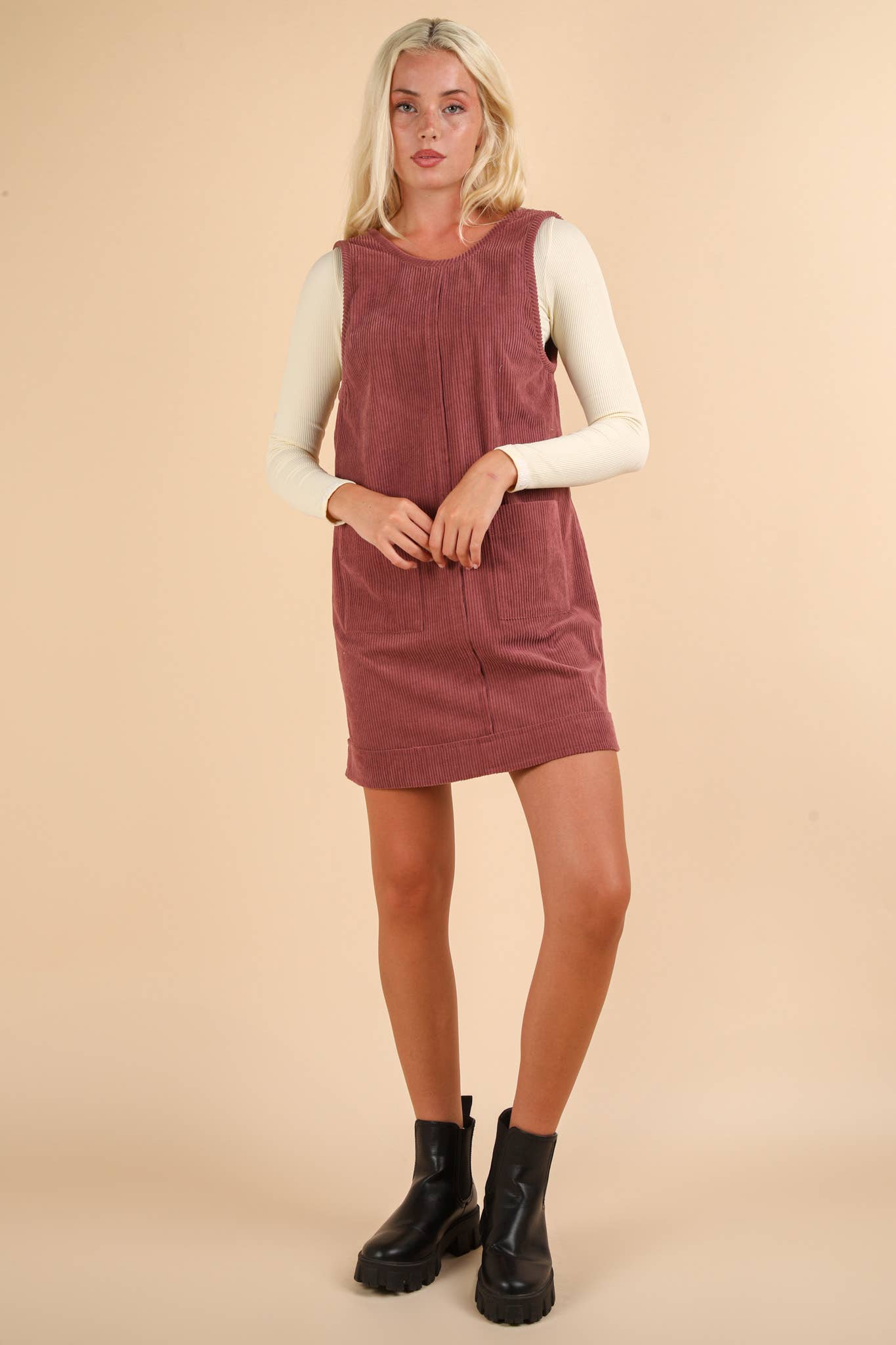 ND31402-Corduroy Backless Casual Mini Dress: MAUVE / S-M-L/2-2-2